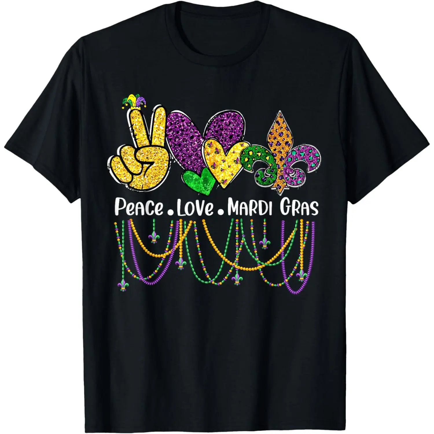 Men's Short-Sleeve Breathable Everyday Tops, Peace Love Mardi Gras Beads Print T-Shirt for Carnival Parade, Prints, Shortsleeve, Graphic, Lightweight, Comfortable, Cotton, Fit