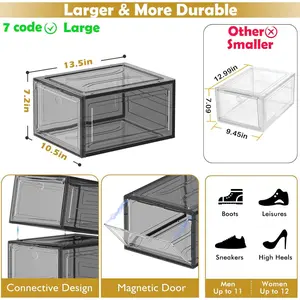 Thicken & Sturdy Clear Shoe Storage Organizer with Magnetic Door, Stackable Boxes for Closet, Foldable Shoe Rack for Sneaker Boot Container, Plastic Shoe Cabinet Shoe Box 6 Pack, Black