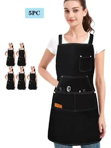 5-Piece Multi-Pocket Denim Apron, Vintage Workwear Style, Thick Durable Fabric, Large Pockets for Tools & Phones, Unisex Kitchen Cooking