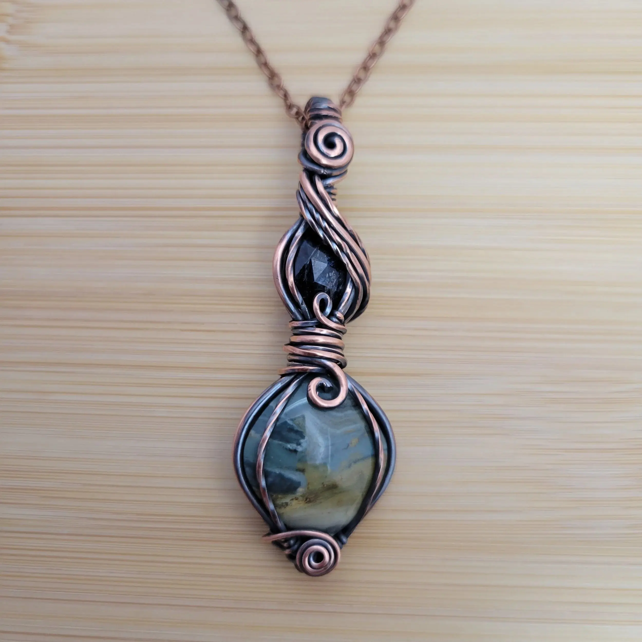 Handcrafted Gary Green Jasper and Tourmaline Copper Pendant Necklace