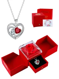 Double Heart Cz Necklace with Rose Jewelry Gift Box, Elegant Heart Pendant for Women, Perfect Valentine's and Birthday Gift for Wife Girlfriend Mom, Heart Shaped Necklace, Cubic Zirconia