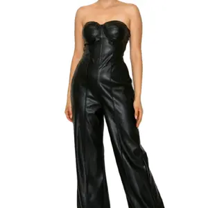 The Noir Goddess Jumpsuit - Strapless Black Leather High-Waisted Wide-Leg Jumpsuit for Women