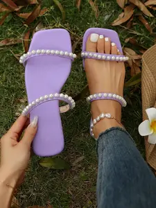 French Style Casual Cute Fairy Commute Business Party Multi-Strap Pearl Decor Elegant Flat Sandals, Summer Festival Wedding Office Home Outdoor