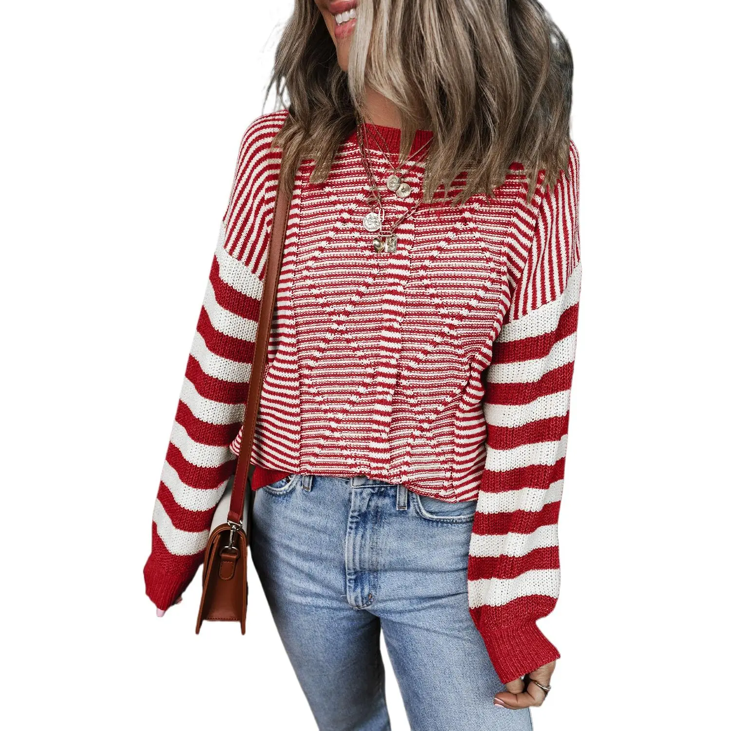 Women's Red Stripe Geometric Textured Drop Shoulder Sweater