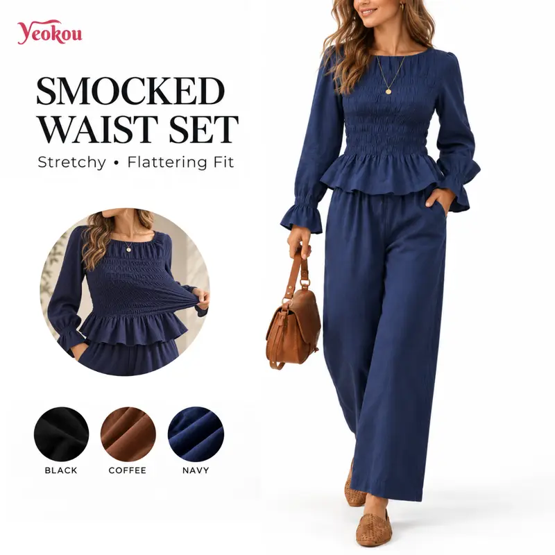 Yeokou Women's Boho Set 2 Piece Fall Outfit, Long Sleeve Scoop Neck Smocked Ruffle Peplum Top & High Waist Wide Leg Pants with Pockets, Cute Fall Sets, Casual Modest Outfits for Women