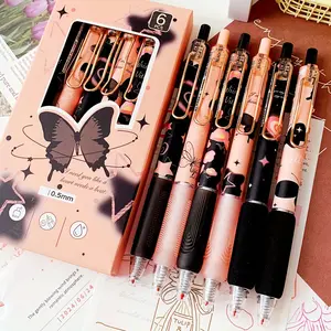 [High-Quality |   Metal] 6-Pack High-Quality Metal Barrel Ballpoint Pens |   0.5mm Black Click Pens, Black Frost Butterfly Design, New Year Gift