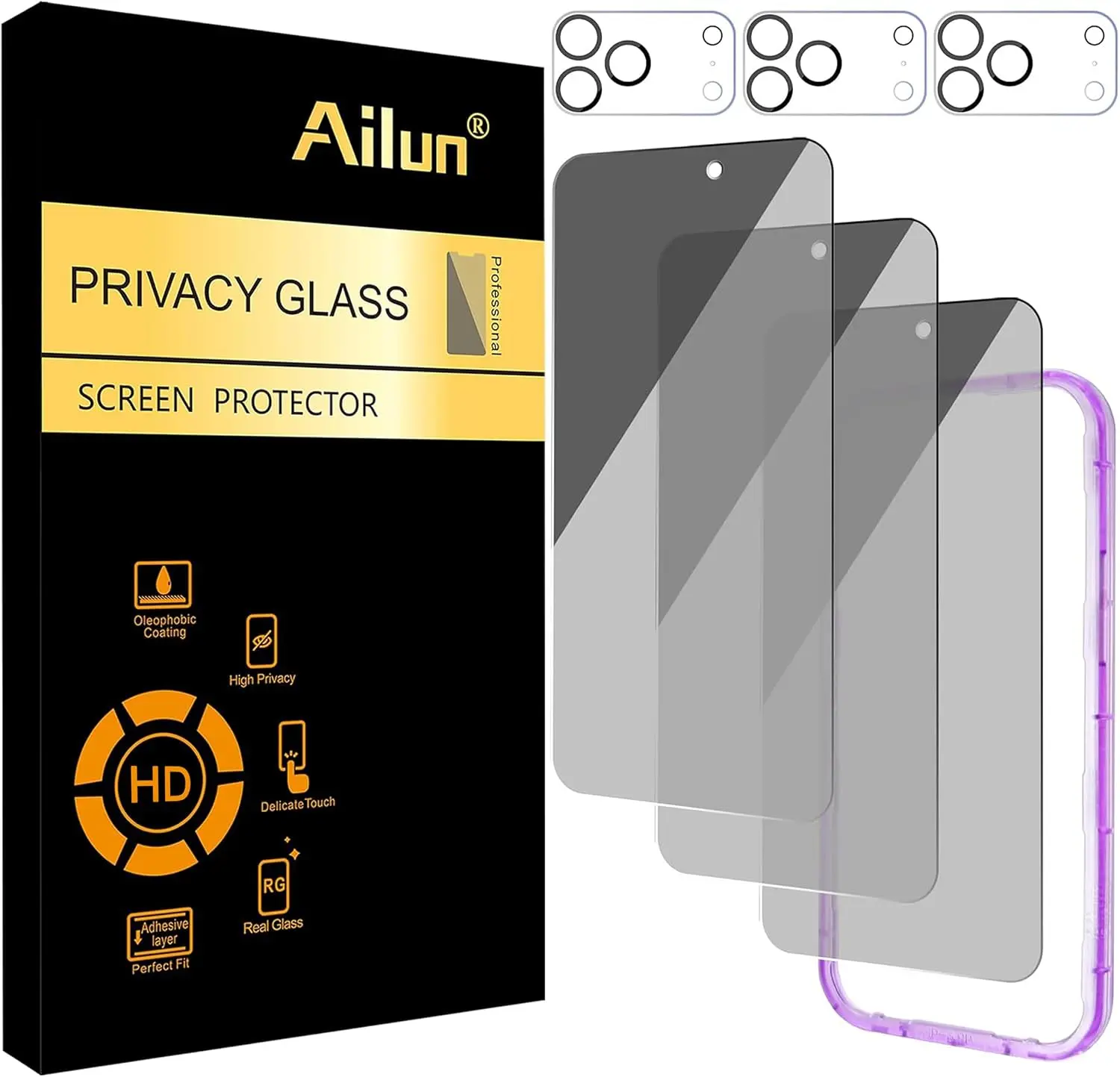 Ailun Privacy Screen Protector+Camera Lens Protector for iPhone 17 Pro Max | 3+3 Pack, 6.9 inch, Installation Frame, Dynamic Island Compatible, Anti Spy Tempered Glass