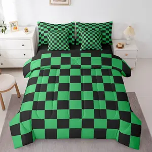 Checkered 7 Piece Bedding Set,Teen Green Black Plaid Comforter Set with Sheets,Boys Cute Retro Neutral Checkerboard Geometric Bed in A Bag
