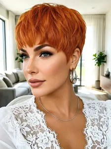 Human Hair Wig Short Straight Pixie Cut Wigs With Bangs Full Machine Made Orange Color Daily Party Wig