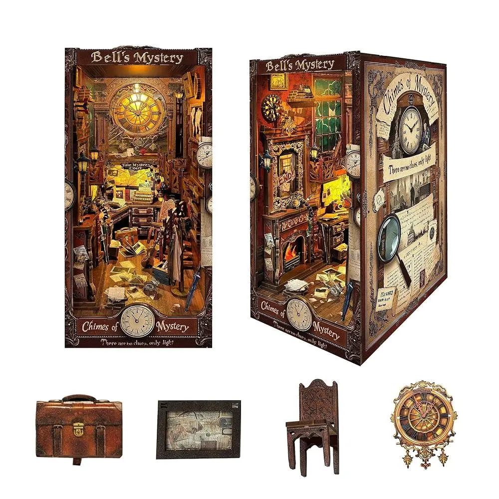 Mystery Detective Study DIY Miniature House Kit, Vintage Wooden 3D Puzzle Bookend Diorama with LED Lights, Antique Clock, Study Bookshelf Display, 12+ Years Construction Learning Handcraft Gift for Beginners & Experts