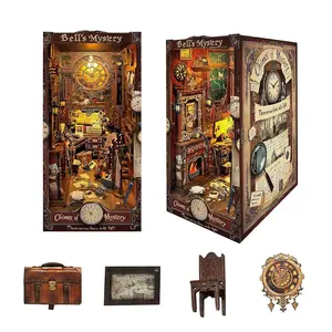 Mystery Detective Study DIY Miniature House Kit, Vintage Wooden 3D Puzzle Bookend Diorama with LED Lights, Antique Clock, Study Bookshelf Display, 12+ Years Construction Learning Handcraft Gift for Beginners & Experts