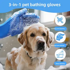 3 Long Handle Dog Bath Brush Mitt 3 in 1 Pet Grooming Glove for Washing Massaging and Removing Loose Hair Thick Anti Scratch Bite Design