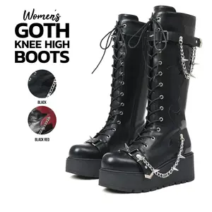 Knee High Goth Boots For Women Round Toe Wedge Heel Lace Up Side Zipper Chains Buckles Riding Combat Motorcycle Party Punk Rave Concert Trendy Gothic Tall Booties