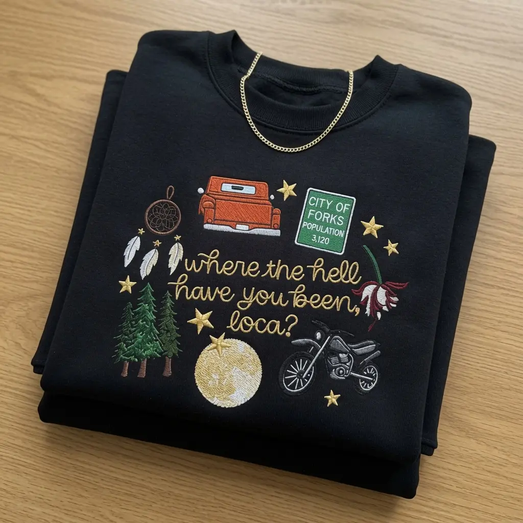 Where Have You Been Loca Embroidered Sweatshirt, Twilight Vibes Cozy Autumn Crewneck, Forest Fall Shirt, Gift for Her, Cozy vintage shirt