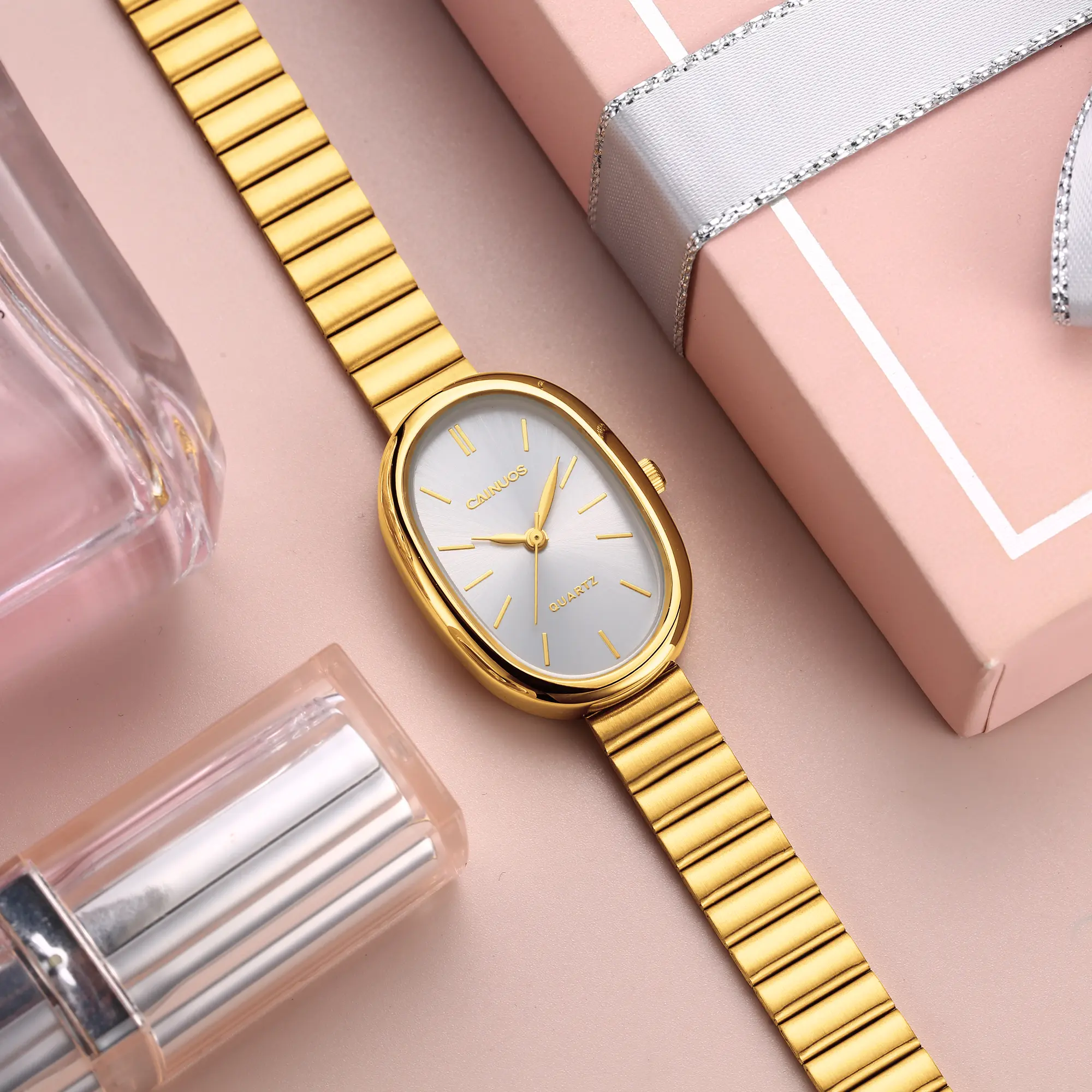 CAINUOS 5602 Women's 33mm Oval Watch, 8.5mm Slim 41g Lightweight Stainless Steel Band Watch, Hardlex Crystal, Fashion Casual Everyday Wrist Watch for Women Open Dial