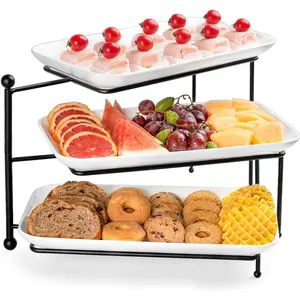 3 Tiered Rotatable Foldable Serving Tray with White Porcelain Platters, Rectangular Food Display Stand for Dessert, Birthday Party & Events