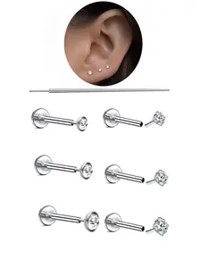 Unisex Stainless Steel Stud Earrings, Cz Inlaid Cartilage Tragus Helix Nose Piercing Jewelry, 2mm-4mm Sizes Available