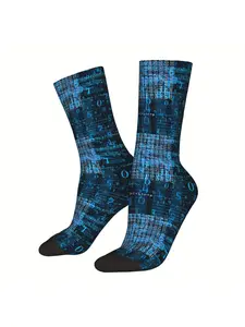 1 Pair Men'S Code & Linux Python Printed Socks, 95% Polyester 5% Elastane, Knit Fabric, All Over Print, Durable & Comfortable