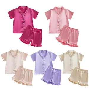 Toddler Kids Girl Silk Pajamas Baby Short Sleeve Button Down Satin Silk Pjs Sleepwear Loungwear Ruffles Shorts Set Sleepwear