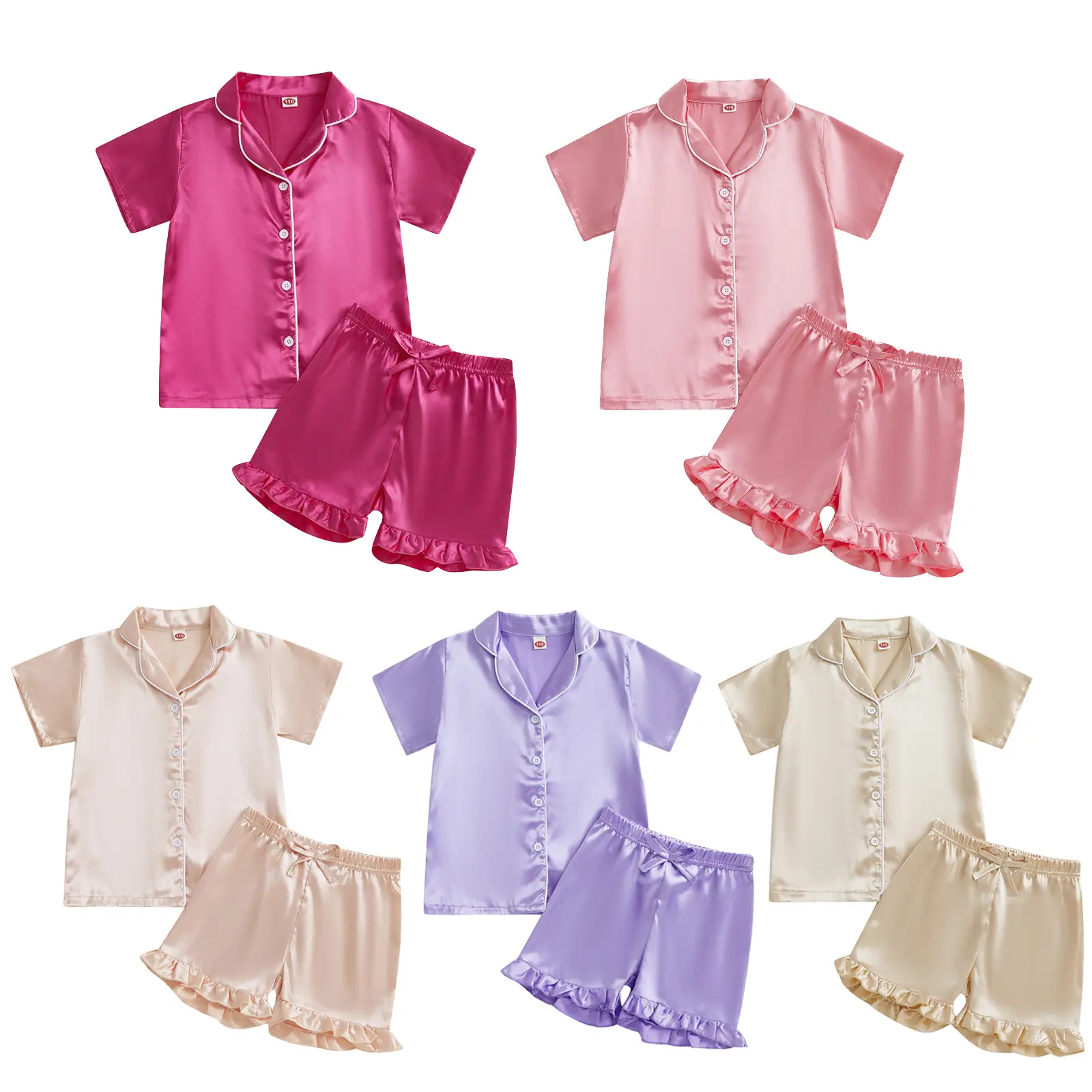 Toddler Kids Girl Silk Pajamas Baby Short Sleeve Button Down Satin Silk Pjs Sleepwear Loungwear Ruffles Shorts Set Sleepwear