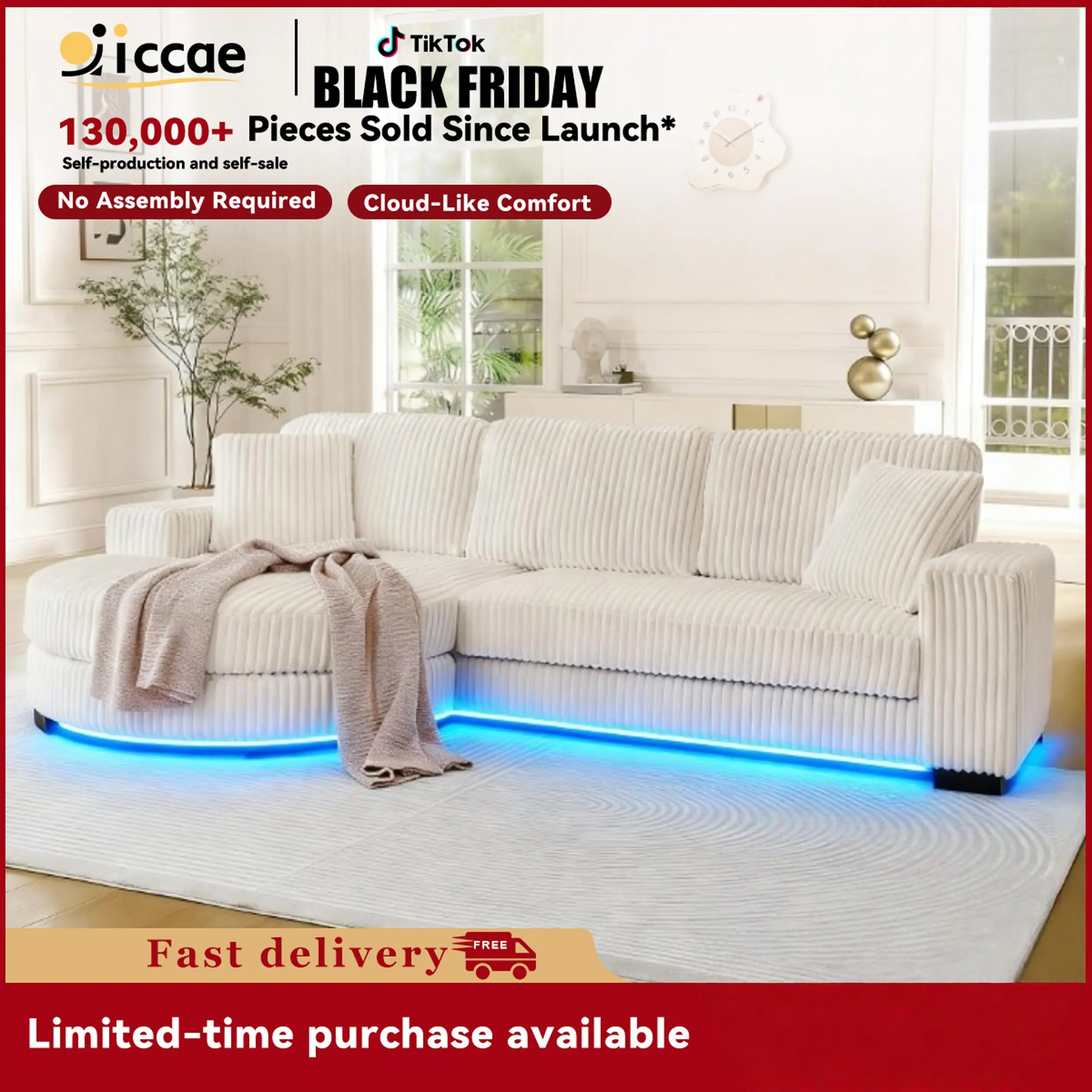 【New Year Special Discount】 Niccae LED Lighted Convertible Teddy Fabric Foam Sleeper Sofa with 6 Pillows Corduroy Tufted L-Shaped Modular Sectional with Ottoman Left & Right Placement for Living Room Bedroom Office Apartment Upholstered Sofa Couch