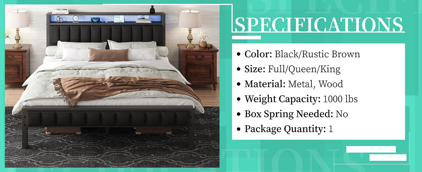 AMERLIFE Modern Metal Bed Frame, Wood & Faux Leather Headboard with Charging Station & 2-Tier Storage Space/No Box Spring Needed/Unique Bedroom Furniture/Home Design/Best Gift Ideas/Christmas Gifts