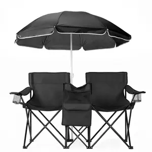 XL Double Folding 2-Person Beach Chair, Heavy Duty Iron Frame (480lbs Capacity), with Umbrella and Cooler Bag for Camping, Outdoor Shade Furniture