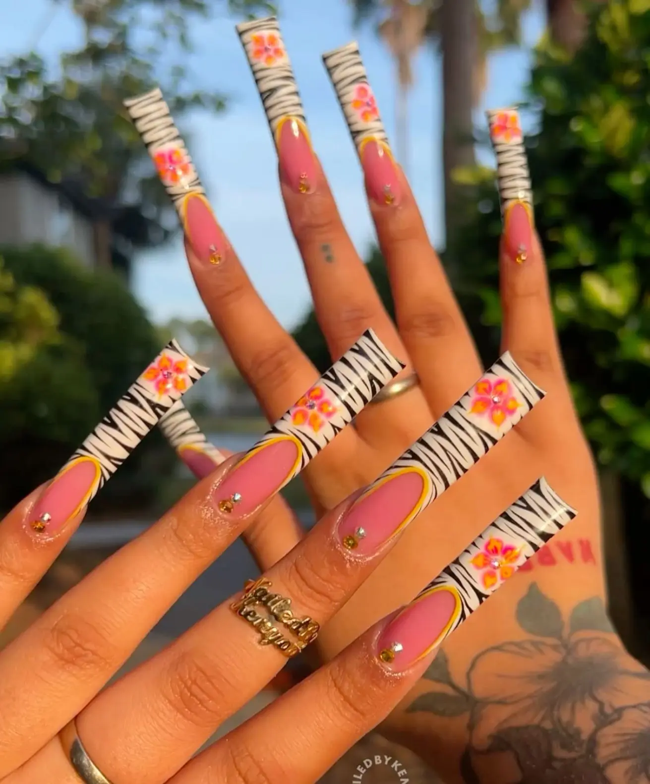 swish.nails Zebra French Floral Press-On Nails, Black White Animal Print with Orange Flower Tips, Summer Vacation Aesthetic, Trendy Beach Vibes, Handmade Custom Nails