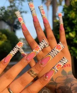 swish.nails Zebra French Floral Press-On Nails, Black White Animal Print with Orange Flower Tips, Summer Vacation Aesthetic, Trendy Beach Vibes, Handmade Custom Nails