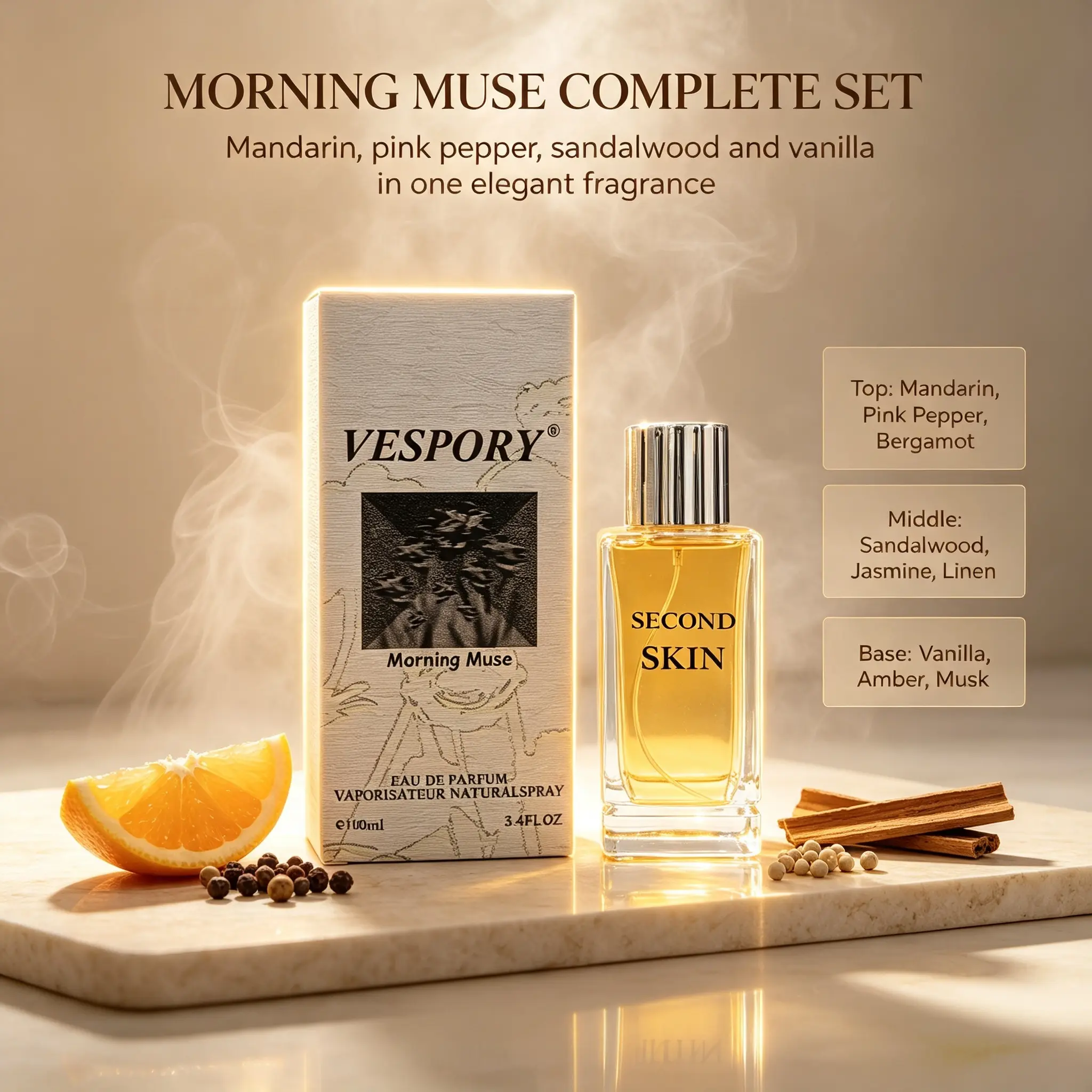 VESPORY Morning Muse EDP 3.4oz 100ml Second Skin Floral Oriental Perfume | Top Mandarin Pink Pepper Bergamot, Middle Sandalwood Jasmine Linen, Base Vanilla Amber Musk, Long Lasting Luxury Fragrance