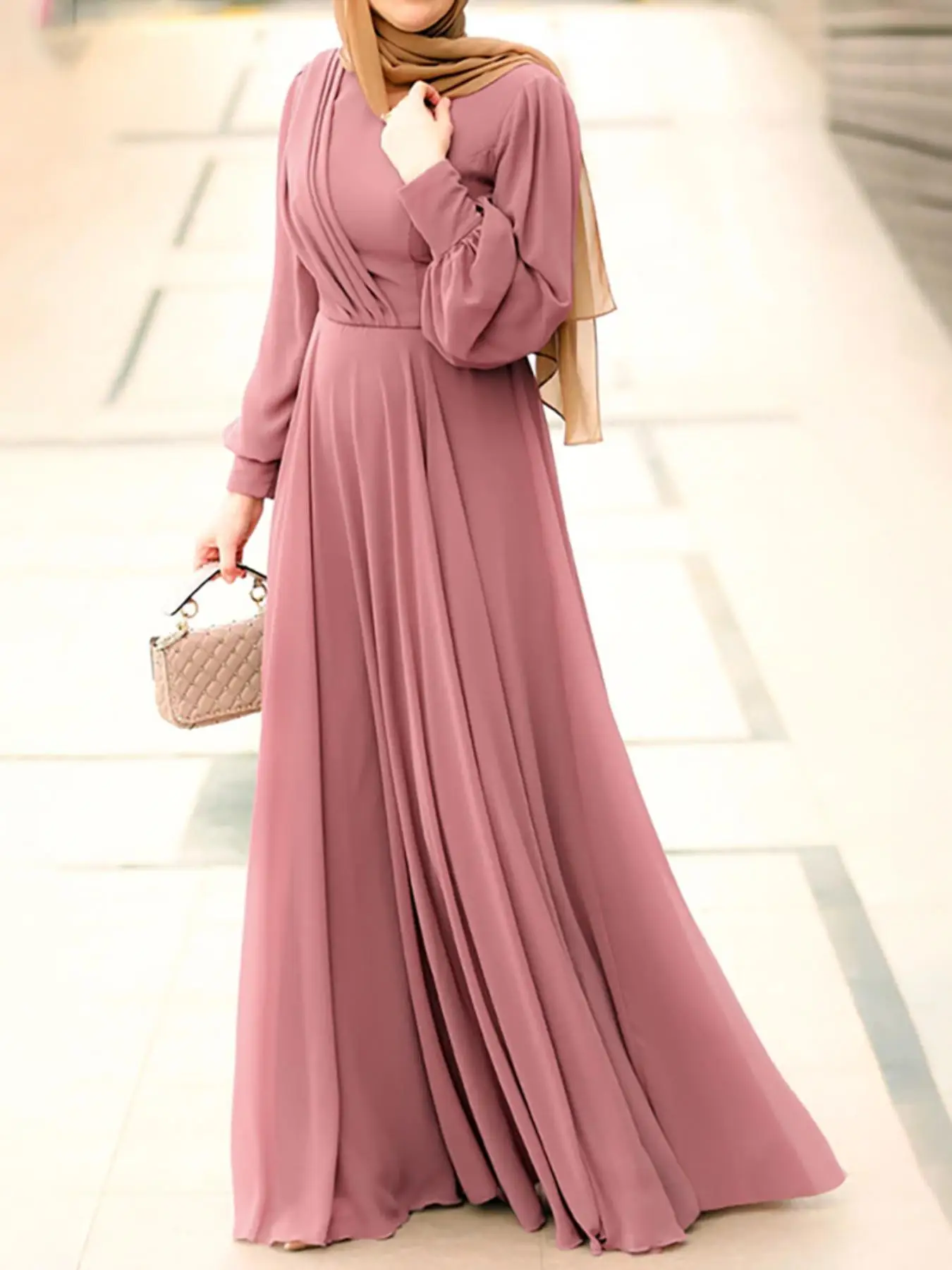 Women's Solid Bishop Sleeve Zipper Back A Line Dress, Modest Casual Long Sleeve Round Neck Dress for Daily Wear, Women's Islamic Clothing for Fall & W