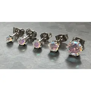 PAIR of Beautiful Hypoallergenic Prong Set Aurora Borealis CZ Gem 316L Surgical Steel Stud Earrings - 3mm thru 7mm!