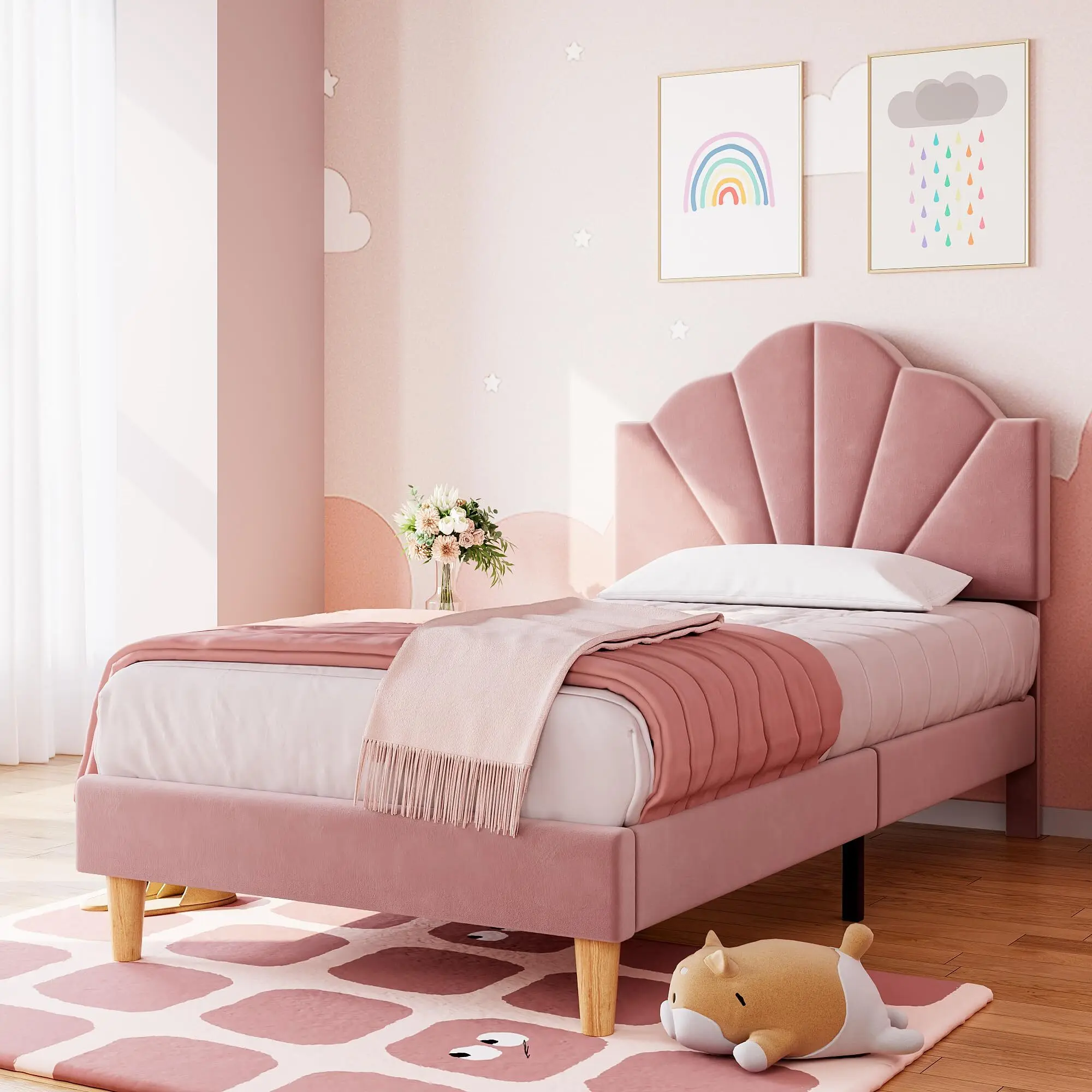 Gaomon 【Christmas Gift】Pink Twin XL Velvet Upholstered Single Platform Bed with Thick Padding, Height-Adjustable Headboard, 800lbs Metal & Wood Slat Support, No Box Spring Needed, Easy to Assemble for Girls