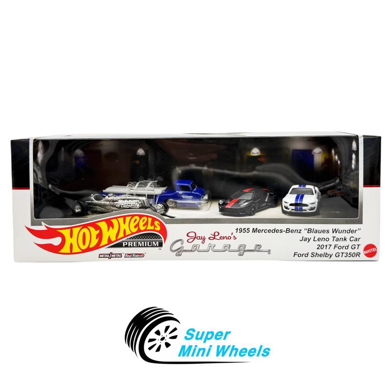Hot Wheels Premium 1:64 Jay Leno Garage 4 Cars Set - Ford Shelby GT350R & 2017 Ford GT & Jay Leno Tank Car & 1955 Mercedes-Benz "Blaues Wunder"