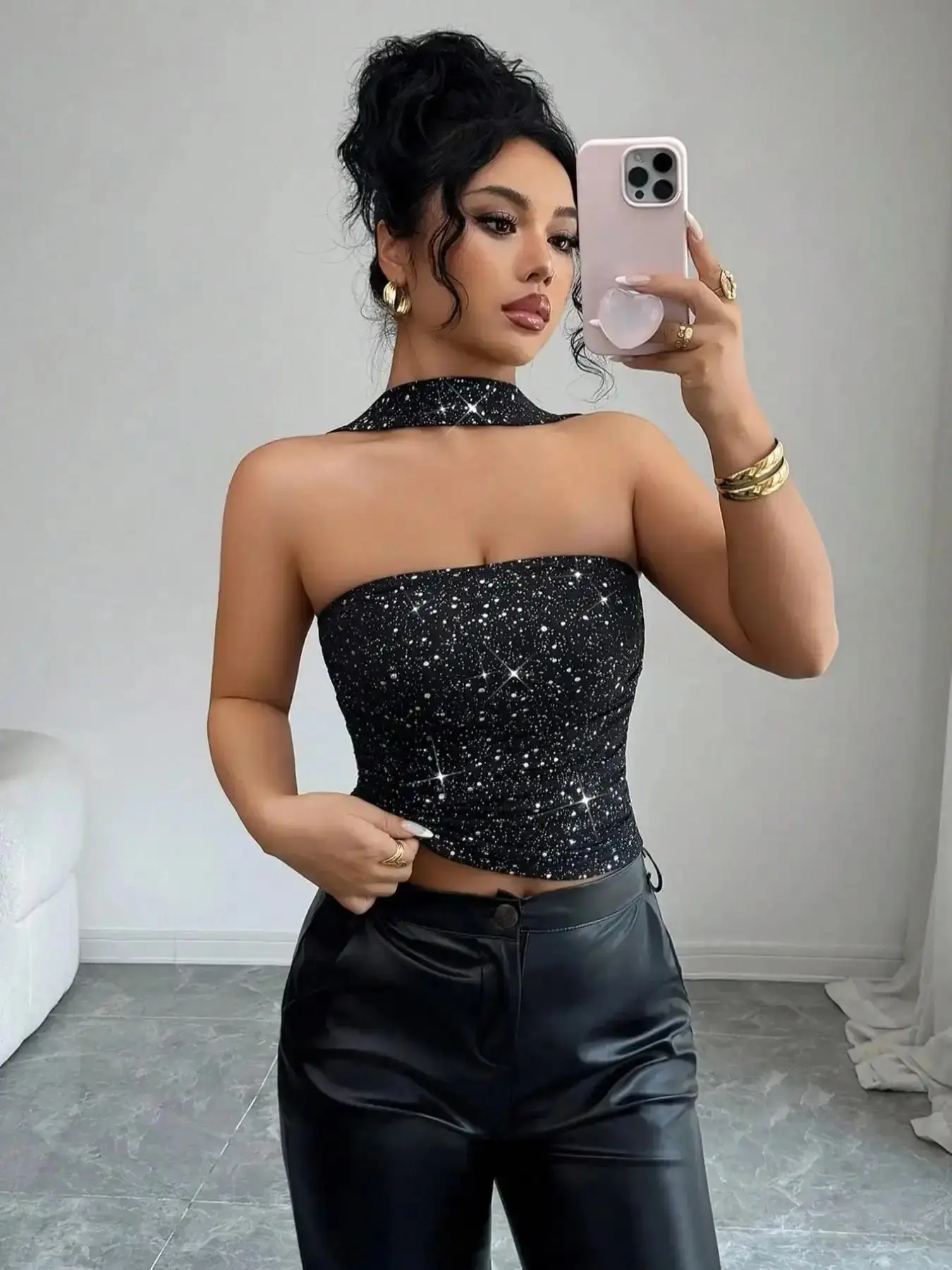 Women's Fashion Value Halter Top, Knitted Silver Color Sequins, Autumn Winter Inner Layer, Stylish and Comfortable must have luxe feel elevated basics chic look date night flattering