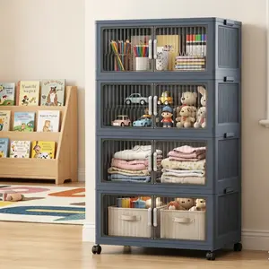 No Assembly Foldable Storage Cabinet Front And Top Double Opening Design Double Door Storage Box With Brake Pulleys Freely Stackable Combined Large Capacity Dustproof Home Organizer For Bedroom Living Room Bathroom