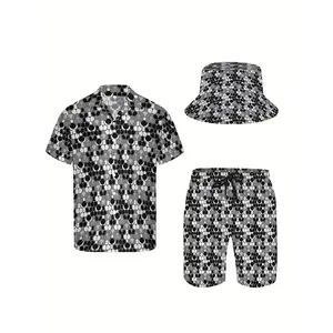 3-piece set of men's Hawaiian shirt and shorts, silver-gray 80s shiny soft fabric breathable button-up short-sleeve casual beach shirt outfit with fisherman hat
