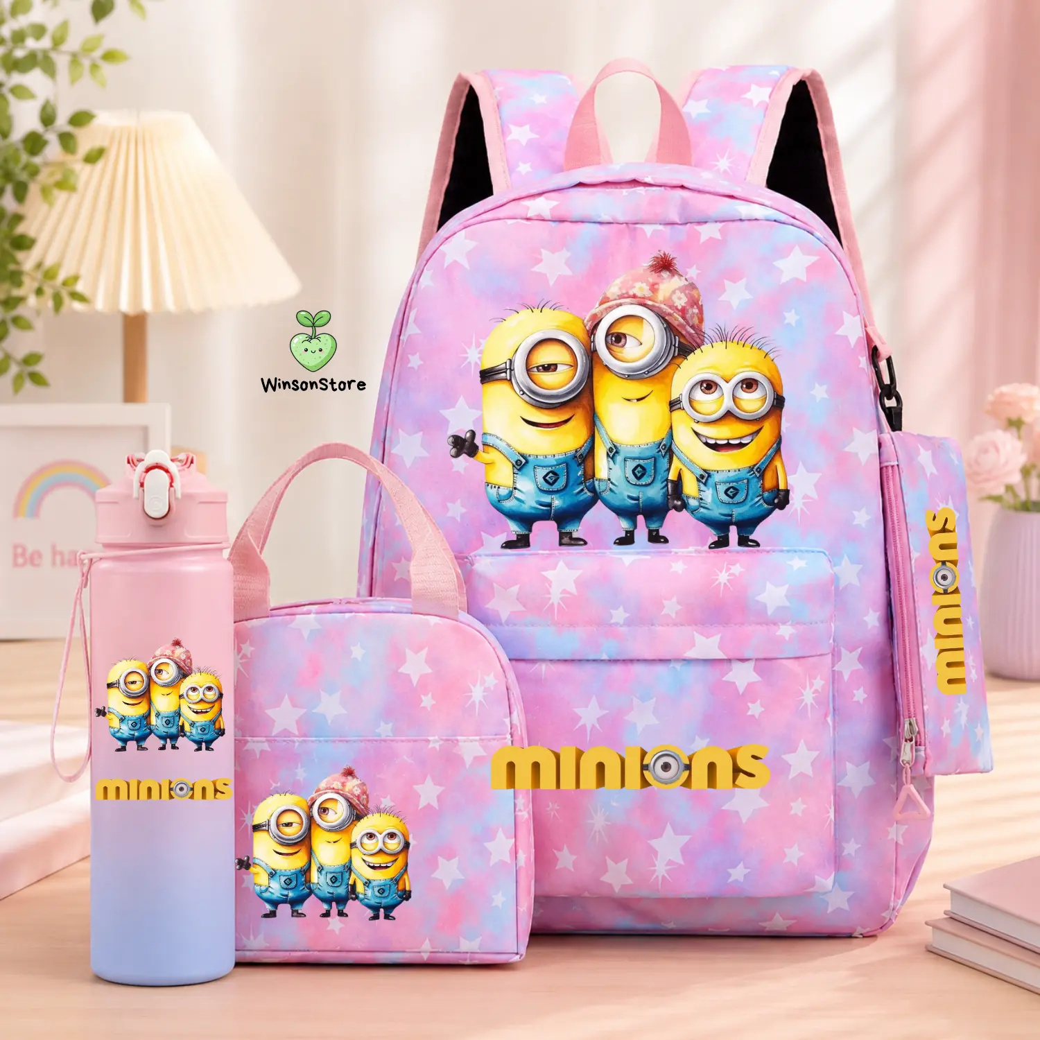 Minions 4-Piece Backpack Set for Girls – Pink Star School Bag with Lunch Bag, Pencil Case and Water Bottle, Kids Back to School Set