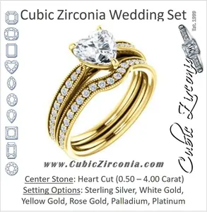 CZ Wedding Set, featuring The Brooklynn engagement ring (Customizable Heart Cut with Cathedral Setting and Milgrained Pavé Band)