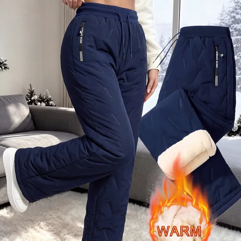 Clean Gent women’s long pants for autumn/winter, fleece-lined warm casual athletic trousers with elastic waistband drawstring and slanted zippered pockets; windproof, insulated long pants suitable for everyday home wear, outings, and hiking during winter.