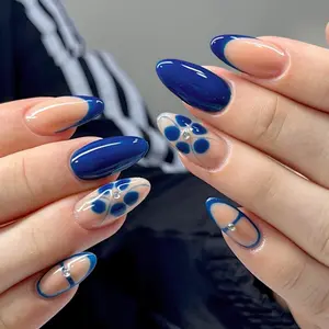 24pcs Almond Shape Fake Nails, Nude Base + Klein Blue French Tips, Hand-Painted Blue Polka Dots, Metal Studs, Reusable, Beginner-Friendly