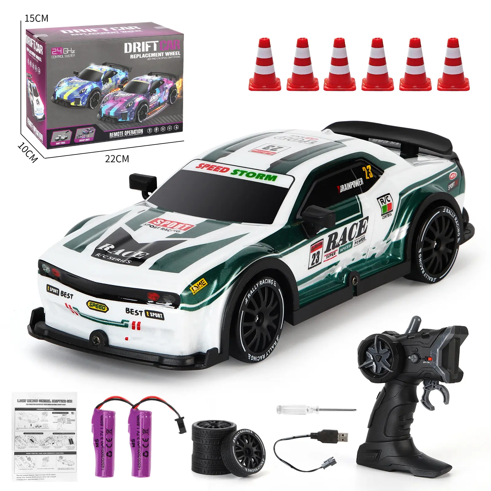 2.4GHz RC Drift Car, 1/24 High Speed Remote Control Drifting Race Car with Extra Drift Tires, Rechargeable Electric RC Racing Vehicle Toy with Race Cones, Gift for Boys Kids Teens Age 6+