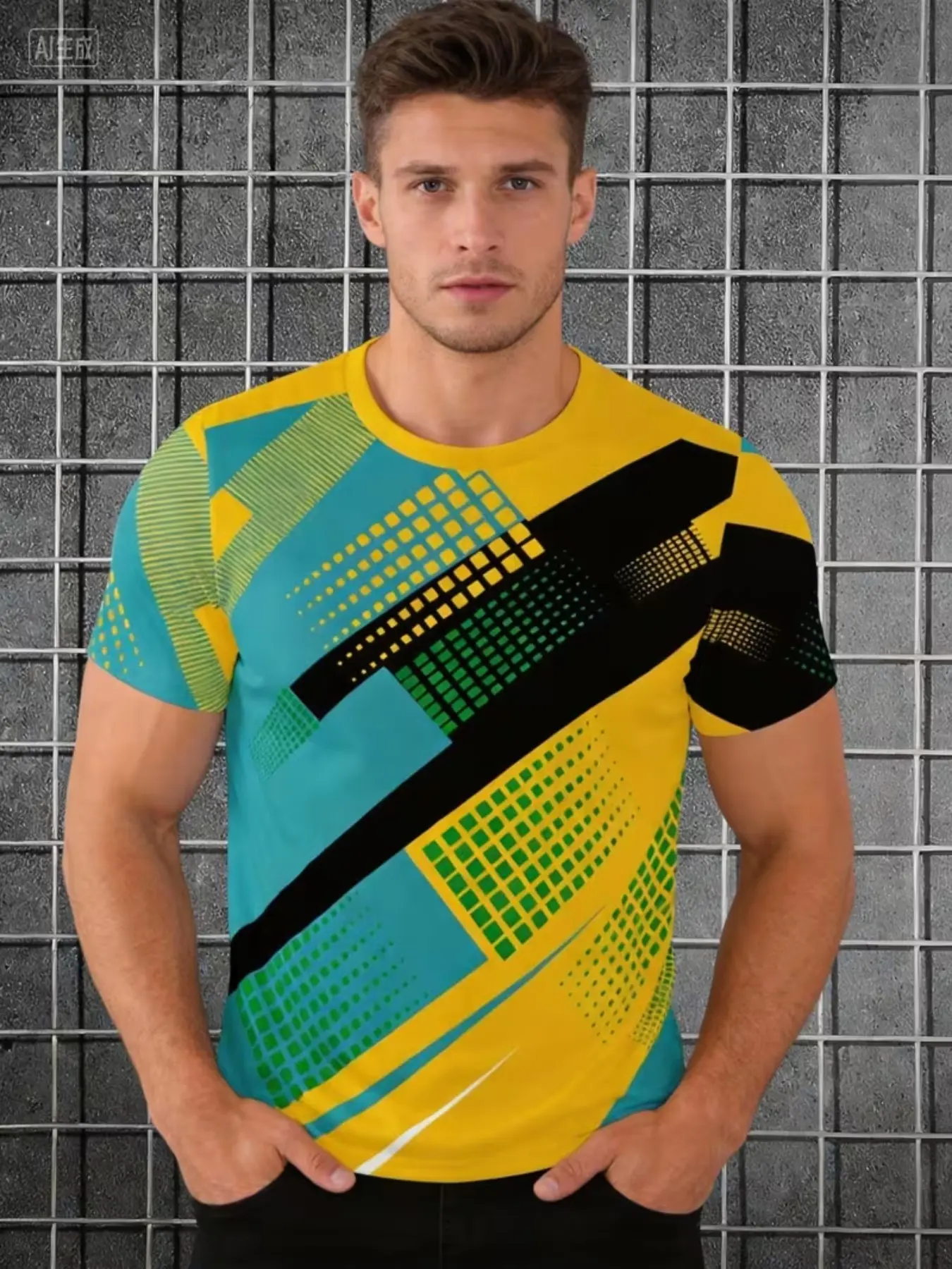 Dynamic Geometric Print Quick-Dry Shirt, Volleyball Basketball Training Wear, Unisex Breathable Sports Half Sleeve Top