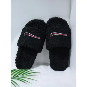 2026 Spring New Collection: Fur Slippers for Women, Outdoor Wear, Letter Embroidery, Thick Sole, Lamb Wool, Autumn/Winter, Flat Design, Slip-On Shoes.