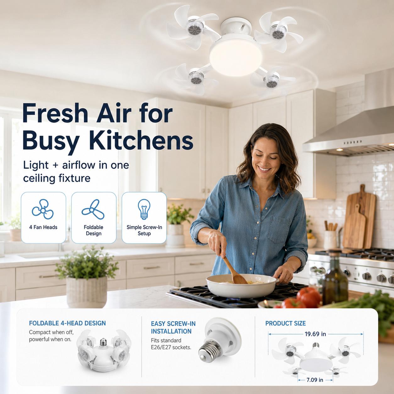 Modern Drone Style Ceiling Light with Foldable Mini Fan Blades, LED Flush Mount Lamp with Remote Control, E27 Socket Fixture for Bedroom Apartment Home