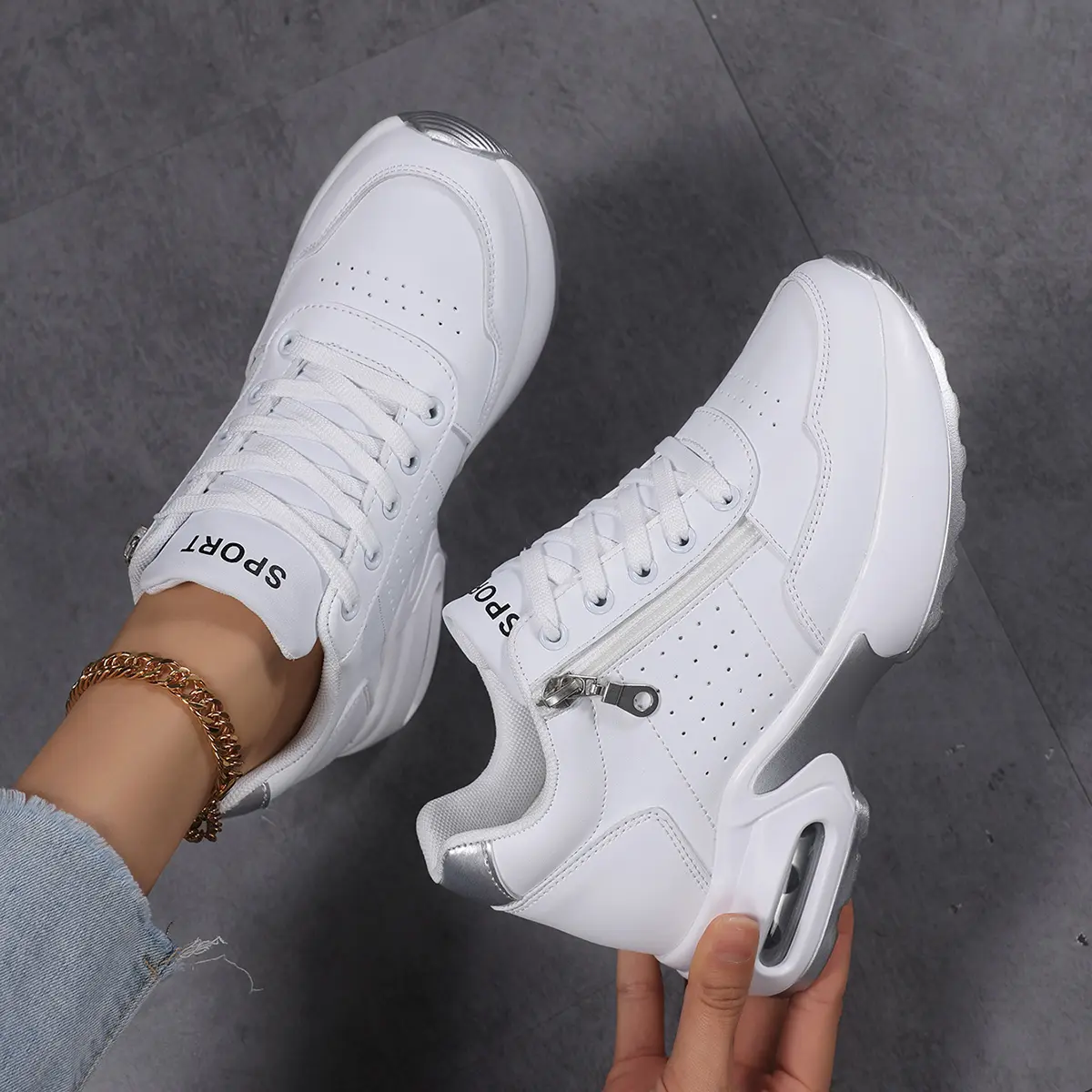 Women's Casual Low-Top Zipper Decoration Sneakers Sporty Lace-Up Shoes Fashion Wedge Sneakers Height Increasing Campus Shoes,1012