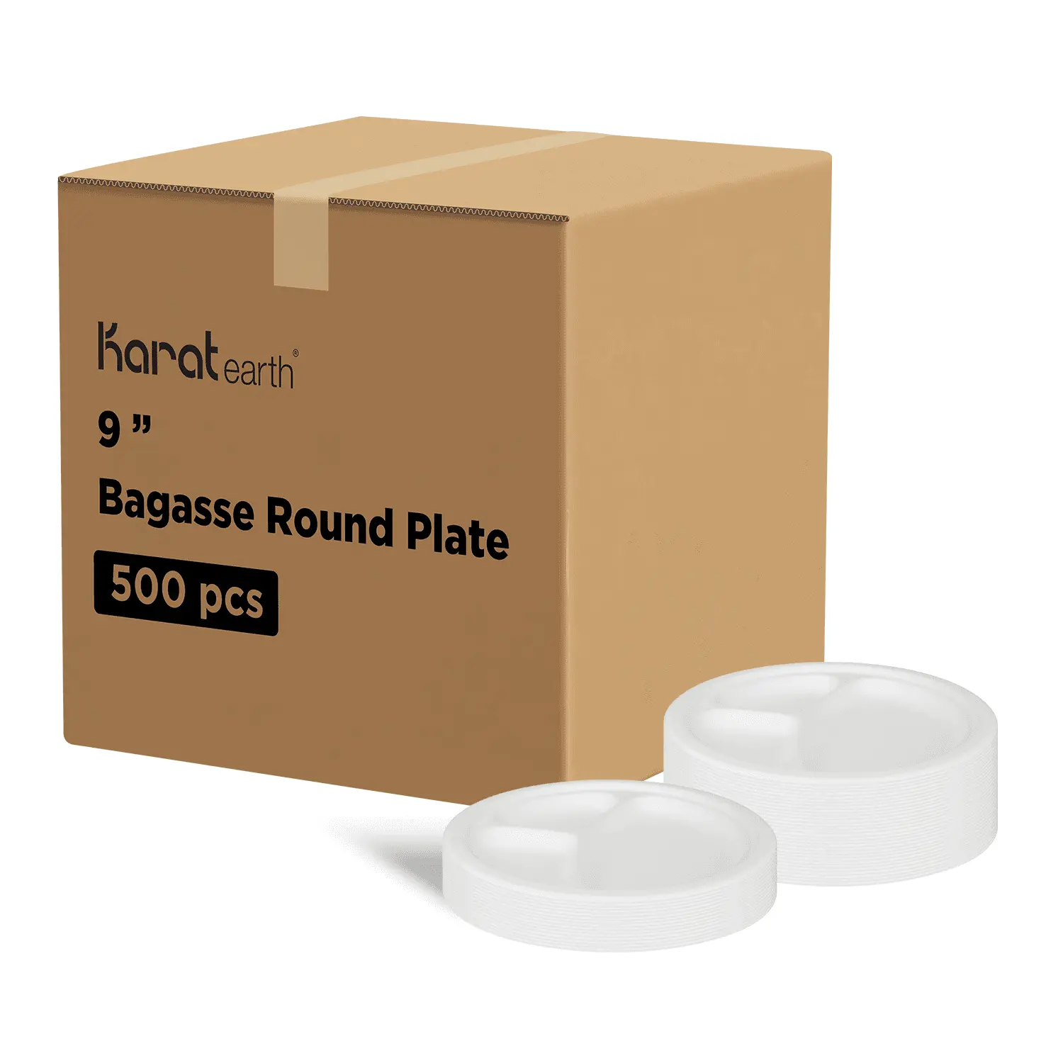 Karat Earth 9'' Compostable Bagasse Round Plates, White, 3 Compartments - 500 pcs