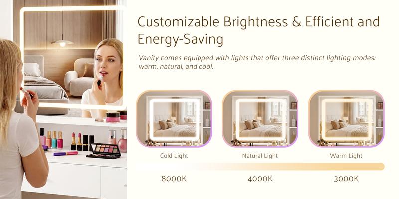 Makeup Vanity Desk with Mirror and Lights, Power Outlet & Adjustable RGB LED Lights, Dressing Table with Storage Shelf for Women & Girls Bedroom