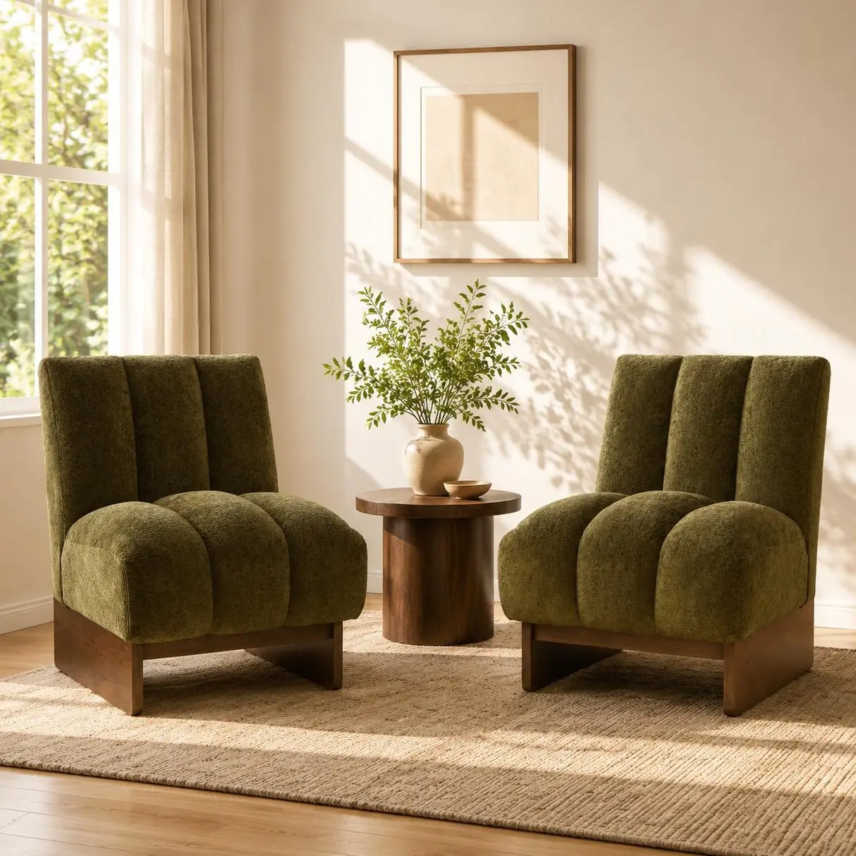 Chenille Accent Chair with Solid Wood Plinth Base, Cozy Armless Single Sofa Chair with Plush Padded Cushion, Contemporary Lounge Chair for Living Room, Bedroom, Reading Nook