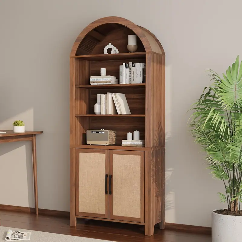 FurSch 71" Tall Arched Bookcase with Storage, Modern 6-Tier Arched Cabinet with Door, Arched Bookshelf Cabinet with Open Display Storage Shelf for Living Room Study Office kitchen storage cabinet
